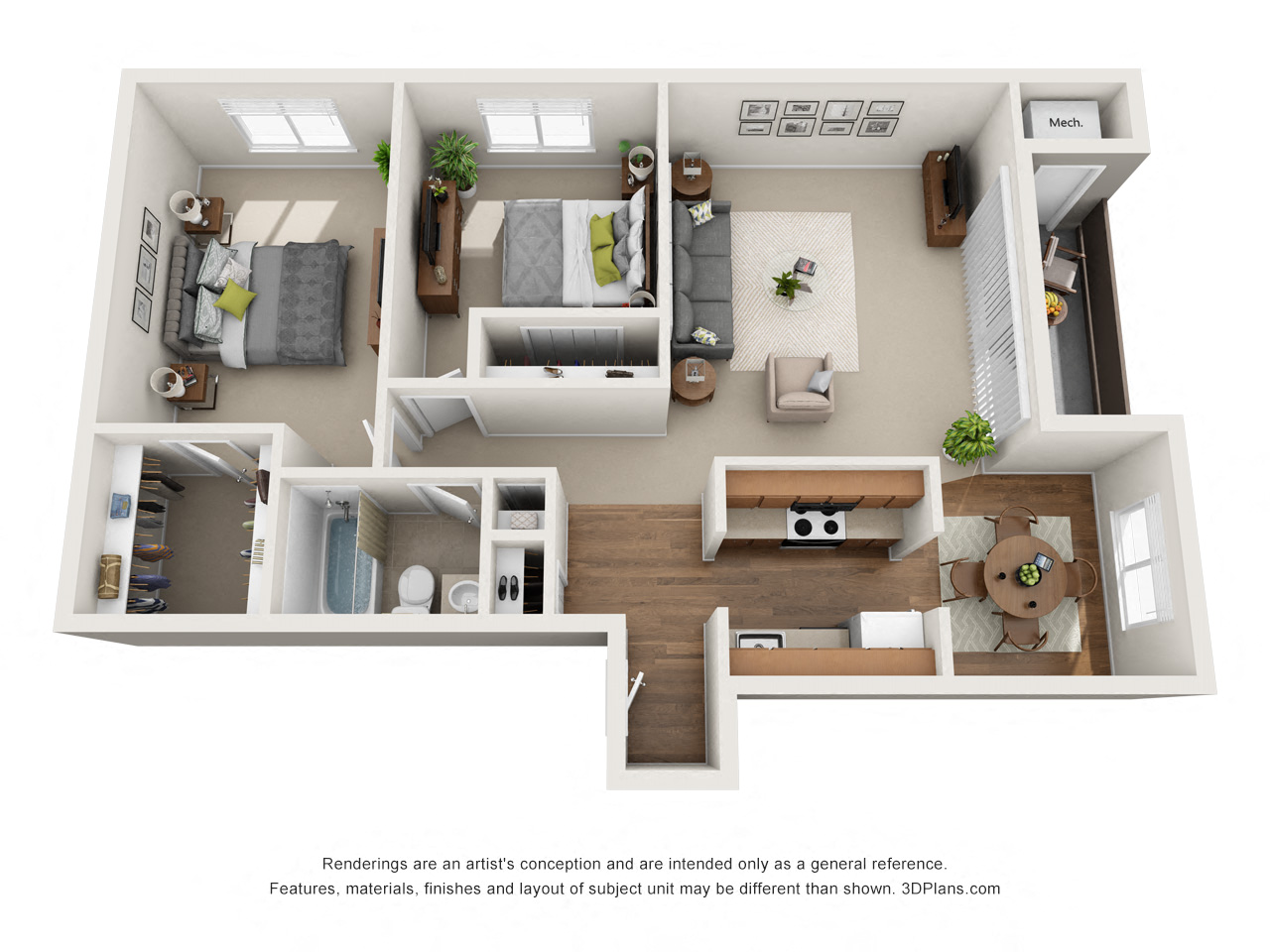 Floor plan for 2 beds, 1 bath, 946 sqft